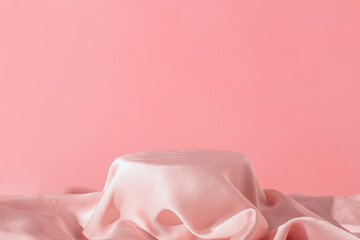 Pink silk podium on the pink background. Elegant scene. Podium for product, cosmetic presentation....