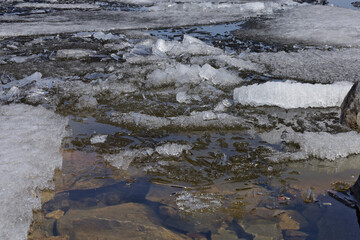 Ice drift on the river on a warm spring day. Large ice floes move and crumble into many small pieces of ice.