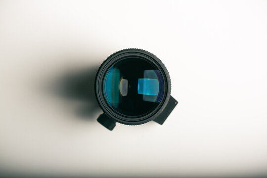 Top view of dslr camera zoom lens isolated on white background