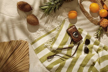 Fresh oranges, pineapple, coconuts falling out from woven bag on sandy beach. Vintage camera,...