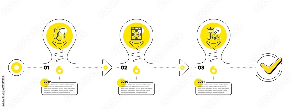 Poster cleaning infographic timeline with 3 steps. lightbulb journey path infographics. workflow process di