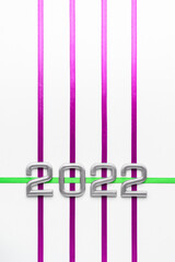 Grey numbers 2022 with velvet violet and green ribbons on white background. Elegant greeting card Happy new year 2022. Vertical view
