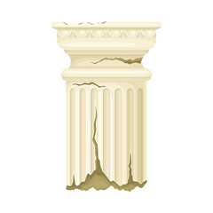 Broken pillar, ancient ruined column architectural element vector illustration