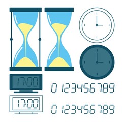 Hourglass, pointer and digital clock illustration in flat style. Vector image.