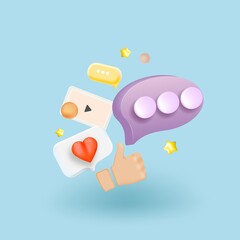 Blank Social network post surrounded with floating elements on blue background. Modern minimal design.