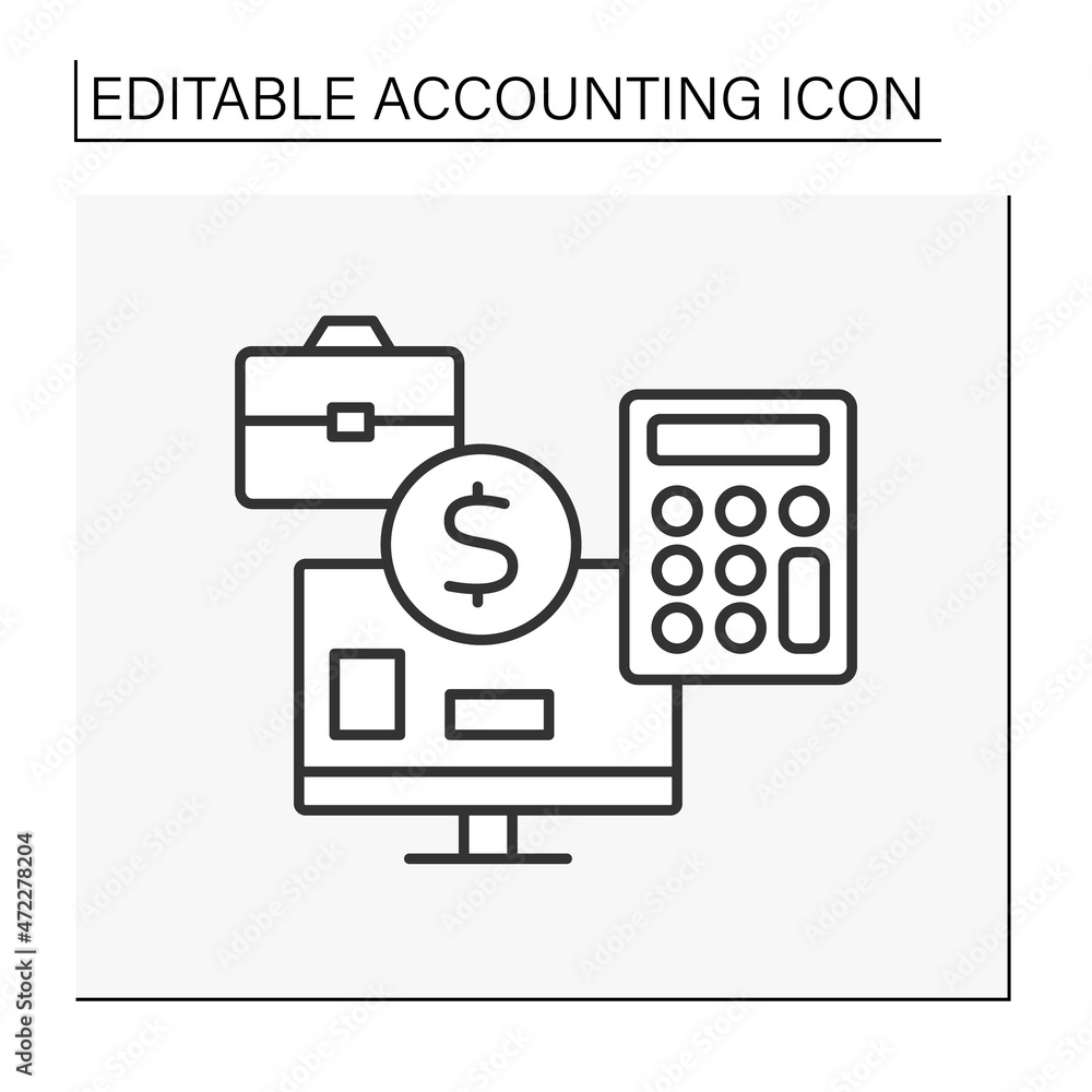 Poster budget line icon. recording financial transactions on computer.summarizing, analyzing and reporting 