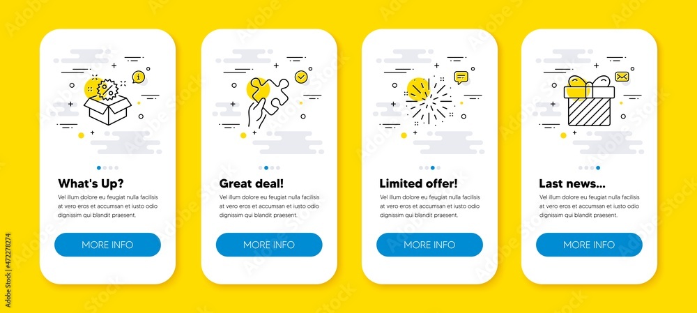 Poster vector set of fireworks explosion, puzzle and sale line icons set. ui phone app screens with line ic