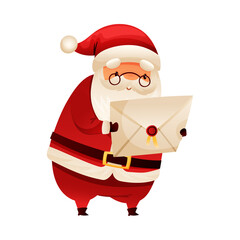 Funny happy Santa Claus holding envelope. Christmas card, banner, flyer design cartoon vector illustration