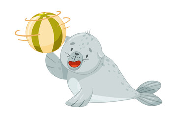Cute baby seal playing with ball. Funny adorable arctic animal character cartoon vector illustration