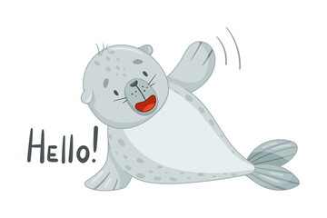 Cute baby seal greeting with paw gesture. Funny adorable arctic animal character cartoon vector illustration