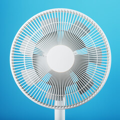 A high-tech white electric fan with a modern design for cooling the room on a blue background