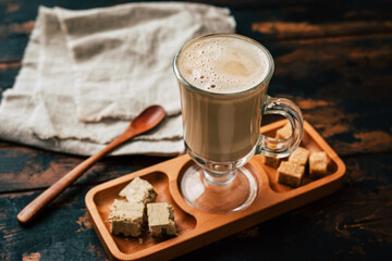 Halva latte. Coffee recipe trend.