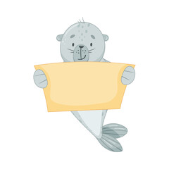 Cute baby seal holding blank paper banner. Funny adorable arctic animal character cartoon vector illustration