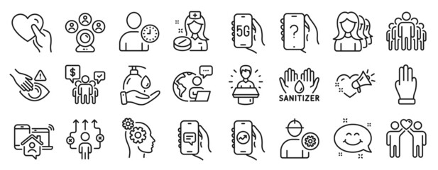 Set of People icons, such as Business way, Ask question, 5g internet icons. Women headhunting, Brand ambassador, Chat app signs. Wash hands, Time management, Love message. Video conference. Vector