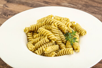 Italian pasta Fusilli with pesto