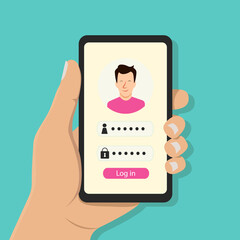 Login to the personal account on the smartphone screen with male avatar