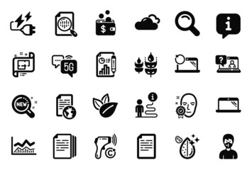 Vector Set of Science icons related to Internet document, 5g internet and Laptop icons. Electronic thermometer, Face verified and Report document signs. Search, Organic product and Faq. Vector