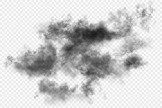 One big black cloud from fire or conflagration. Dark gloomy realistic smoke or smog isolated on white semi transparent background. Air pollution related vector iluustration