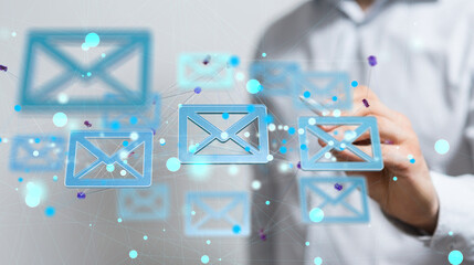 Approved email and spam message displayed on a futuristic interface