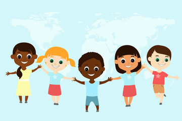 Fototapeta premium Cheerful children of different nationalities held hands on a blue background with a world map. Place for text. Illustration for international, children's holidays and various events.
