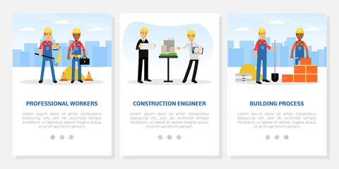 Obraz na płótnie Canvas Construction Engineer and Civil Building with Man Builder Character in Yellow Hard Hat at Construction Site Vector Web Banner Template