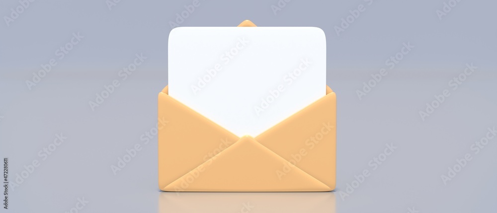 Poster minimal design envelope and blank empty paper card on grey color background, space. 3d illustration