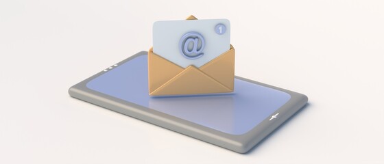 Inbox email notification, one e mail, envelope message on a minimal smartphone. 3d illustration