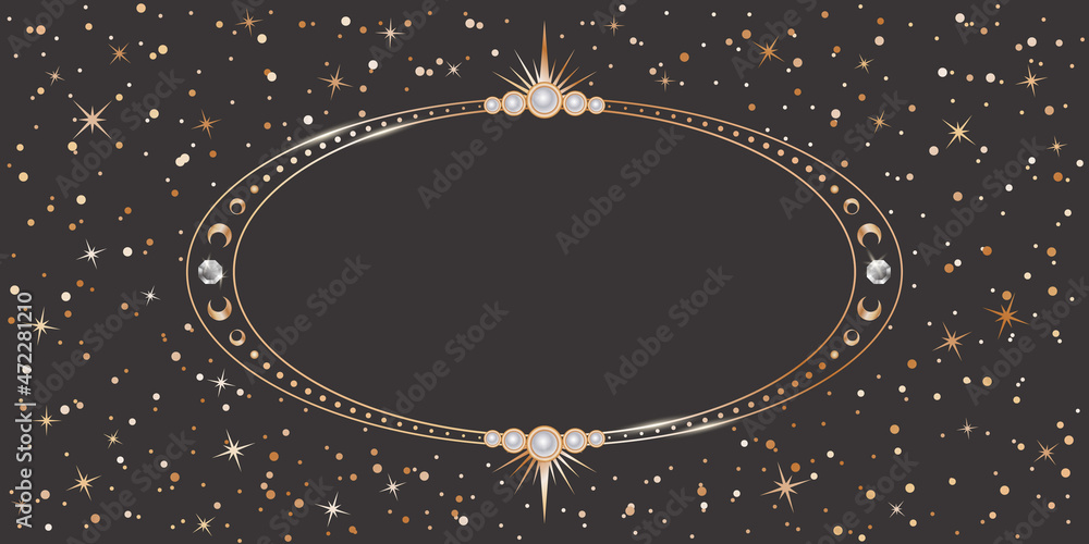 Wall mural ornate celestial card template. festive dark vector astrological background with a copy space. oval 