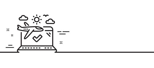 Airplane travel line icon. Check in trip sign. Holidays flight transport symbol. Minimal line illustration background. Airplane travel line icon pattern banner. White web template concept. Vector