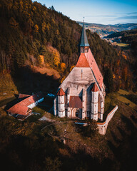 The Wofgangskirche, a gothic Catholic Church in the austrian Village Kirchberg am Wechsel aerial...