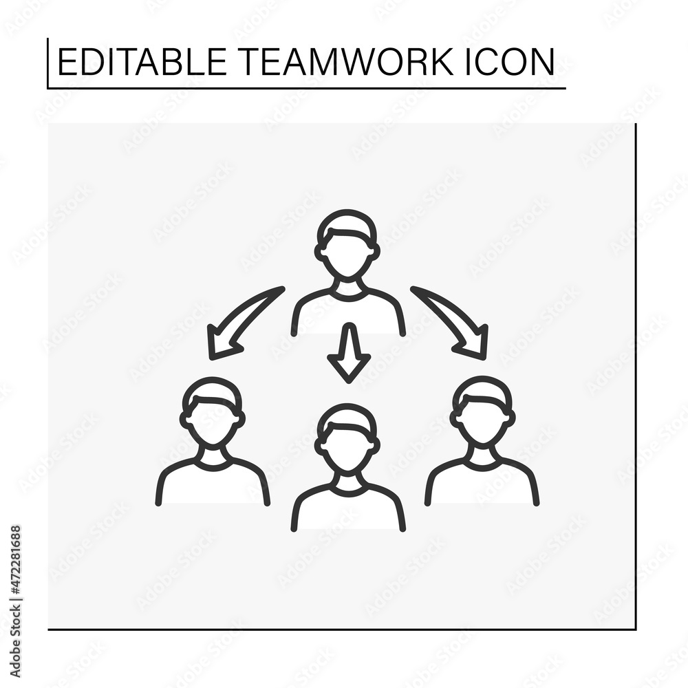 Poster leadership line icon. leader distributes commands to employees. workflow management.teamwork concept