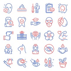 Healthcare icons set. Included icon as Hospital nurse, Medical mask, Skin care signs. Strong arm, Mineral oil, Vaccination announcement symbols. Hospital building, Leaf, Dont touch. Head. Vector