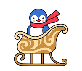 Penguin on Christmas sleigh. Cute cartoon animal character. Funny cute colored vector illustration for print, postcard, greeting card.