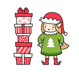 Christmas elf girl with stack of gifts. Female cartoon character. Funny cute colored vector illustration for print, postcard, greeting card.