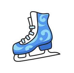 Figure skates with ornament, winter sports shoes. Ice skating equipment. Colored vector illustration for print, pin, sticker, badge.
