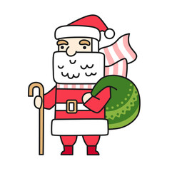 Santa Claus with bag of christmas presents and gifts. cartoon character. Vector cute colored isolated illustration for print, postcard.