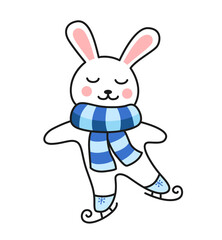 Fototapeta na wymiar Ice skating rabbit in blue striped scarf. Cute cartoon bunny character. Colored vector illustration for pin, sticker patch, badge, greeting card, postcard.