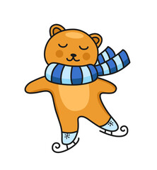 Ice skating bear in blue striped scarf. Cute cartoon funny character. Colored vector illustration for pin, sticker patch, badge, greeting card, postcard.