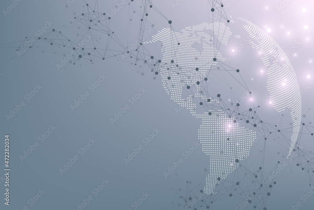 Aufkleber World map point with global technology networking concept. Digital data visualization. Lines plexus. Big Data background communication. Scientific illustration.