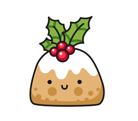 Christmas cake with holly, pudding. Holiday decoration, traditional christmas treat, design element. Vector colored isolated illustration for pin, sticker, patch, badge, greeting card.