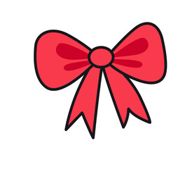 Red bow symbol. Holiday decoration, design element. Vector colored isolated illustration for pin, sticker, patch, badge, greeting card.