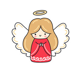Christmas cherub, angel with halo. Cute girl with wings. Colored flat vector isolated illustration. Cartoon character for pin, print, sticker, patch, badge, postcard.