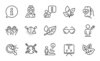 Healthcare icons set. Included icon as Vision test, Leaf dew, People vaccination signs. Medical tablet, Eyeglasses, Medical mask symbols. Plants watering, Cardio training, Vision board. Vector