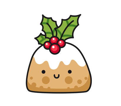 recommend clip art: Christmas cake with holly, pudding. Holiday decoration, traditional christmas treat, design element. Vector colored isolated illustration for pin, sticker, patch, badge, greeting card.