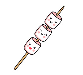 Cute little marshmallow on stick. Colored flat vector isolated illustration. Cartoon kawaii characters for pin, print, sticker, patch, badge, postcard.
