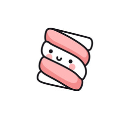 Cute little striped marshmallow. Pink and white colored flat vector isolated illustration. Cartoon kawaii character for pin, print, sticker, patch, badge, postcard.