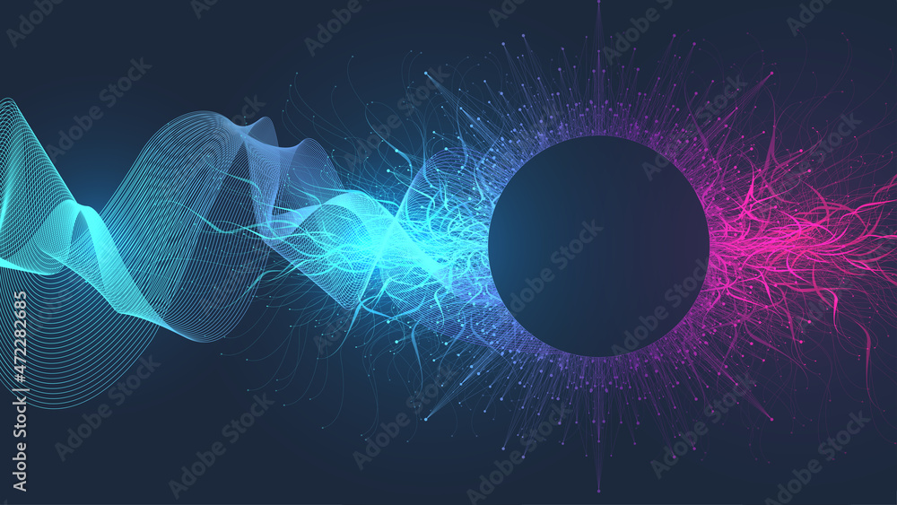 Aufkleber Quantum computer technology banner design template concept. Deep learning artificial intelligence. Big data algorithms visualization for business, science, technology. Waves flow, illustration.