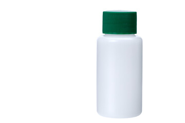 white plastic non transparent bottle with green cap for medical products for healthcare no label object isolated on white background with copy space.