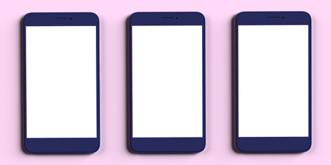 3D rendered Mobile telephone on pink background. Blank screen with copy space. Online communication, Internet search engine apps. Remote and freelance work. Modern smartphone technology equipment's.