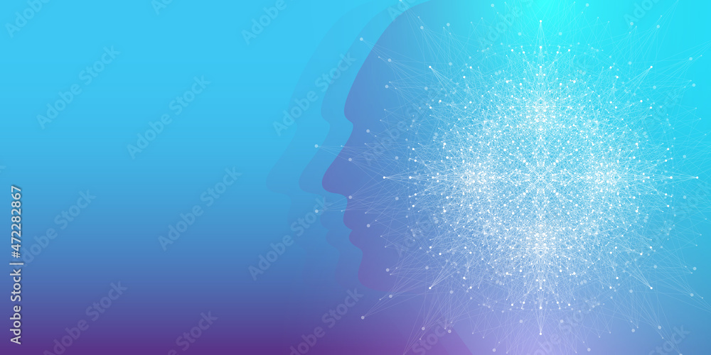Poster Quantum computer technology banner design template concept. Deep learning artificial intelligence. Big data algorithms visualization for business, science, technology. Waves flow, illustration.